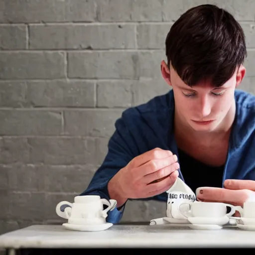 Prompt: a young british man struggling to make a cup of tea