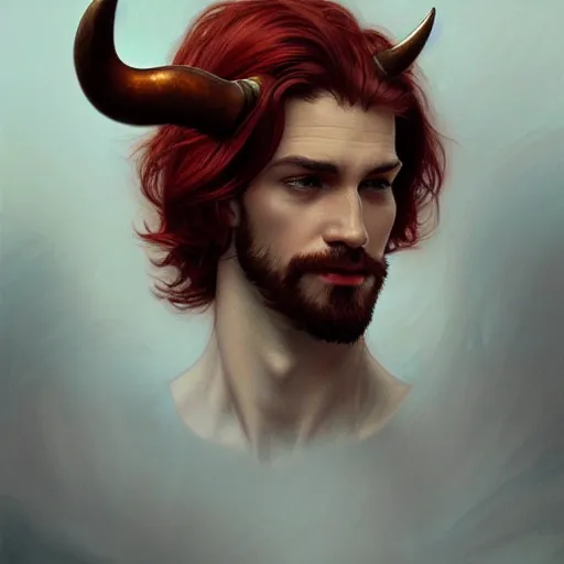 Image similar to portrait of a bull with a humanoid face, male, handsome, masculine, full body, red hair, long hair, soft hair, fantasy, intricate, elegant, highly detailed, suit, coffee shop, digital painting, artstation, concept art, character art, smooth, sharp focus, illustration, art by artgerm and greg rutkowski and alphonse mucha