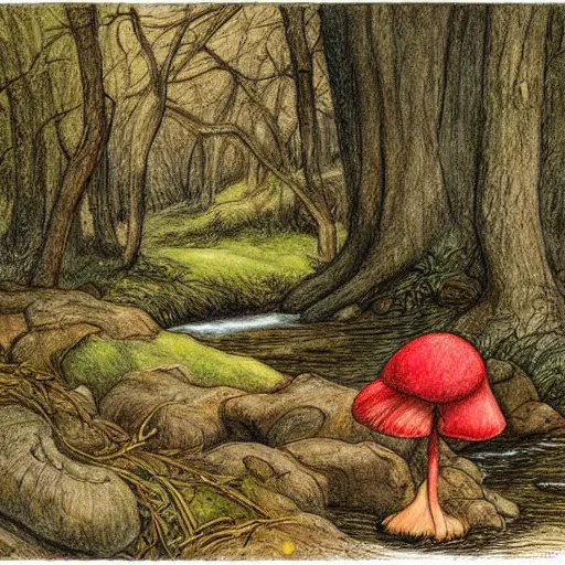 Image similar to illustration of a wooded scene with a small stream in the distance and a red mushroom in the foreground, coloured pencil drawing, highly detailed, beatrix potter