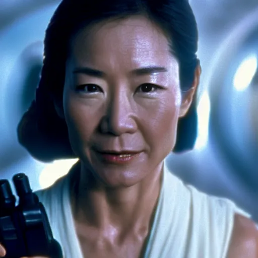 Image similar to michelle yeoh playing as luke sywalker in star wars ( 1 9 7 7 ) sharp focus, shallow depth of field, 4 k editorial photograph, cinematic lighting