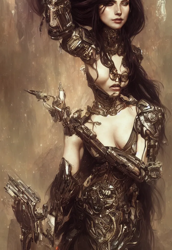 Image similar to portrait of beautiful pale gothic maiden, warhammer 40000, cyberpunk, intricate, elegant, highly detailed, digital painting, artstation, concept art, smooth, sharp focus, illustration, art by artgerm and greg rutkowski and alphonse mucha and Gustav Klimt