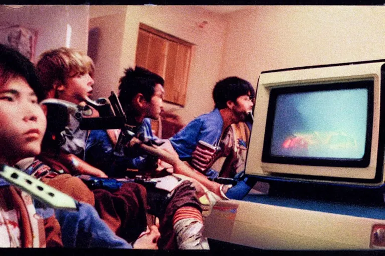 Prompt: polaroid photo of me and the boys watching an old retro Trinitron TV showing gundam fighting a Zaku-II with an axe, in the dark living room, lights off, 90s nostalgia, wide view, fish eye lens, vhs , scanlines, 8k, hd, high resolution