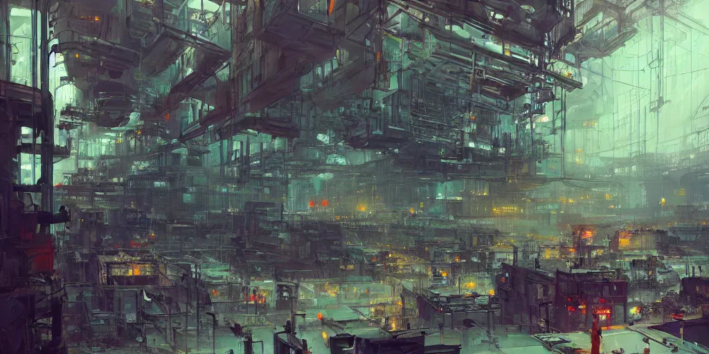 Prompt: concept art of a factory filled with drone and robot workers, grimy, gritty, blade runner 2 0 4 9, trending on artstation, award winning painting, cgi, art by john berkey and anton fadeev and john howe and simon stalenhag