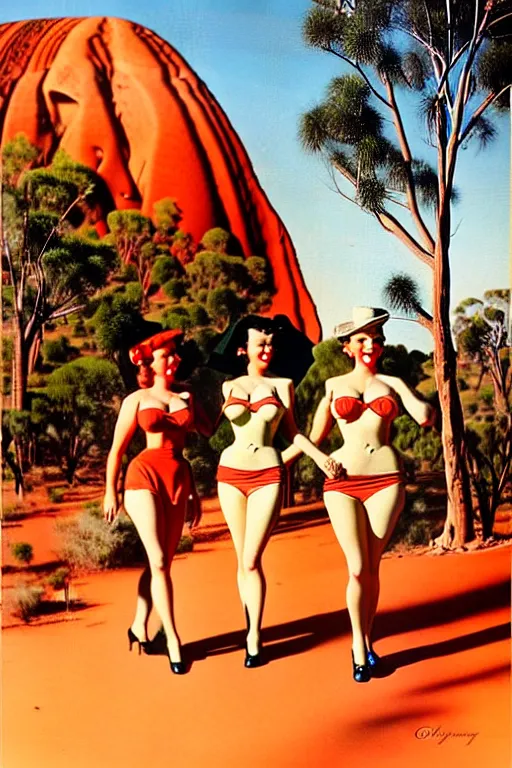 Image similar to 1940s group of pinup bikini girls walking around 1940s Ayers Rock, Uluru, in Australia, oil painting, by Gil Elvgren