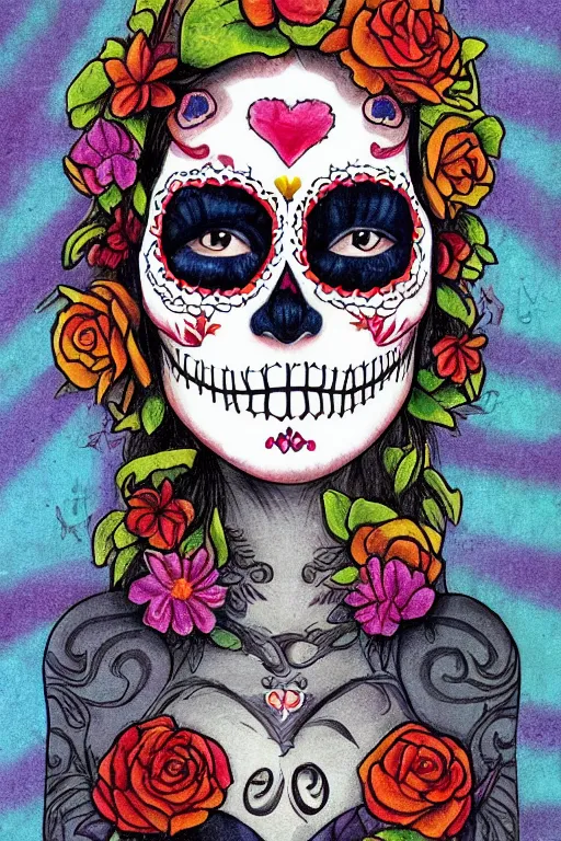 Prompt: illustration of a sugar skull day of the dead girl, art by xie boli