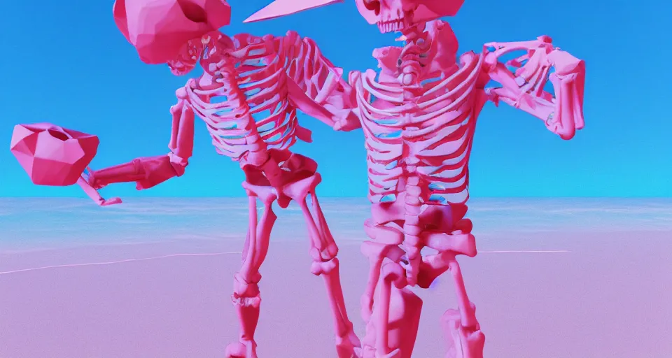 Prompt: fullbody vaporwave art of a fashionable skeleton at a beach, early 90s cg, 3d render, 80s outrun, low poly, from Hotline Miami