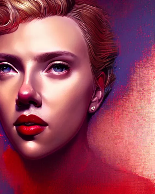 Prompt: highly detailed vfx portrait of scarlett johansson, red lipstick, global illumination, detailed and intricate environment by james jean and victo ngai and tristan eaton