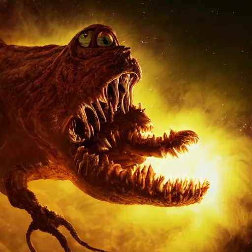 Image similar to eldritch horror bloody garfield in space, hd, 8 k, giant, epic, realistic photo, unreal engine, stars, prophecy, powerful, cinematic lighting, destroyed planet, debris, violent, sinister, ray tracing, dynamic, epic composition, dark, horrific, teeth, grotesque, monochrome drawing, hellscape