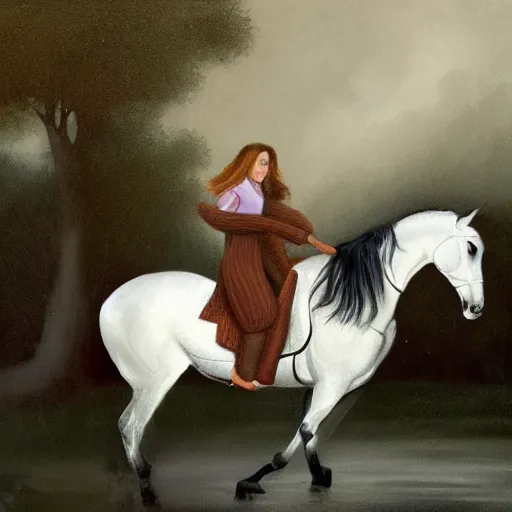 Prompt: young nancy pelosi riding a white horse through a very heavy rain, painting