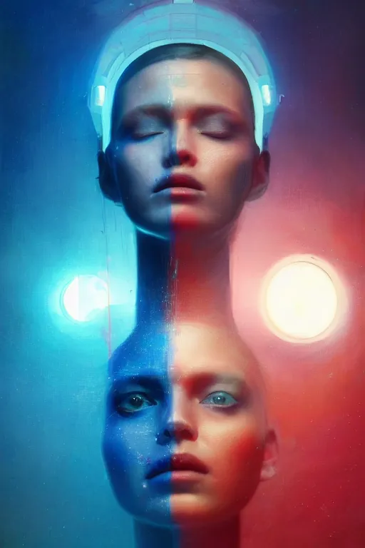Image similar to 3 d, sci - fi, sunrise, sleepy fashion model face, blue faces, sun, cinematic, vogue cover style, poster art, light red and deep blue mood, realistic painting, intricate oil painting, high detail, figurative art, multiple exposure, poster art, 3 d, by tooth wu and wlop and beeple and greg rutkowski