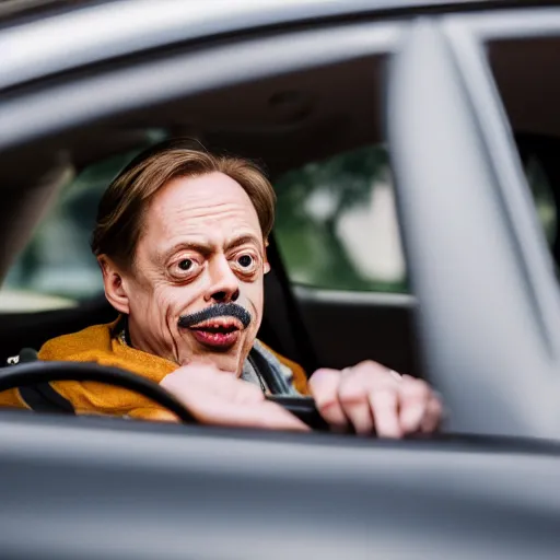 Prompt: steve buscemi driving a sausage car, canon eos r 3, f / 1. 4, iso 2 0 0, 1 / 1 6 0 s, 8 k, raw, unedited, symmetrical balance, in - frame