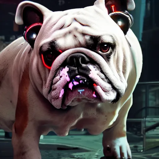 Image similar to english bulldog with augmentations cyberpunk 2 0 7 7