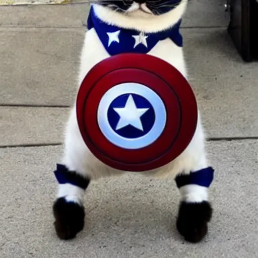 Image similar to a cat wearing captain america's outfit