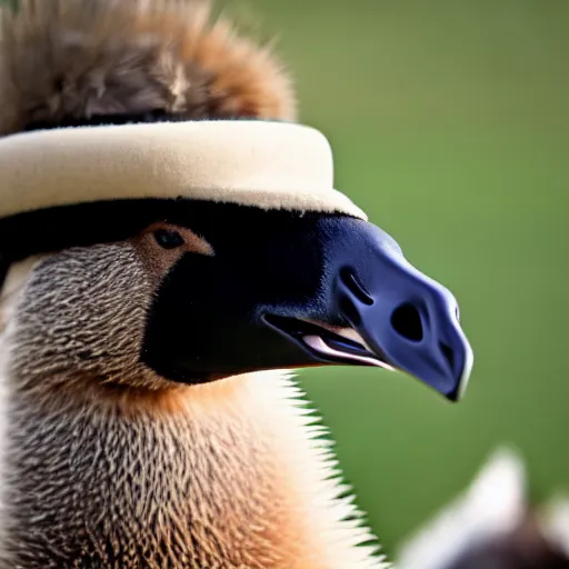 Prompt: A Canadian goose wearing a mountie hat and outfit, photo, 8k