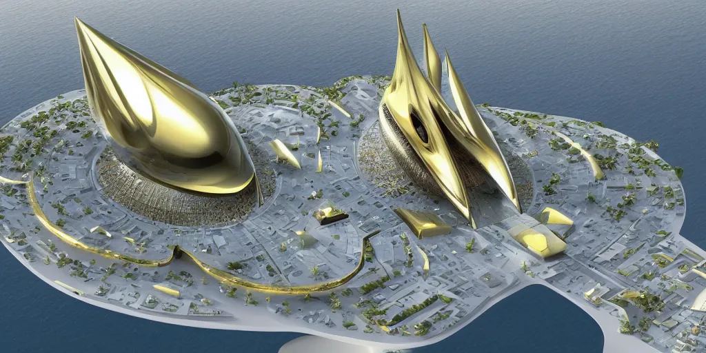 Image similar to mosque floating spaceship by zaha hadid, golds fantasy world