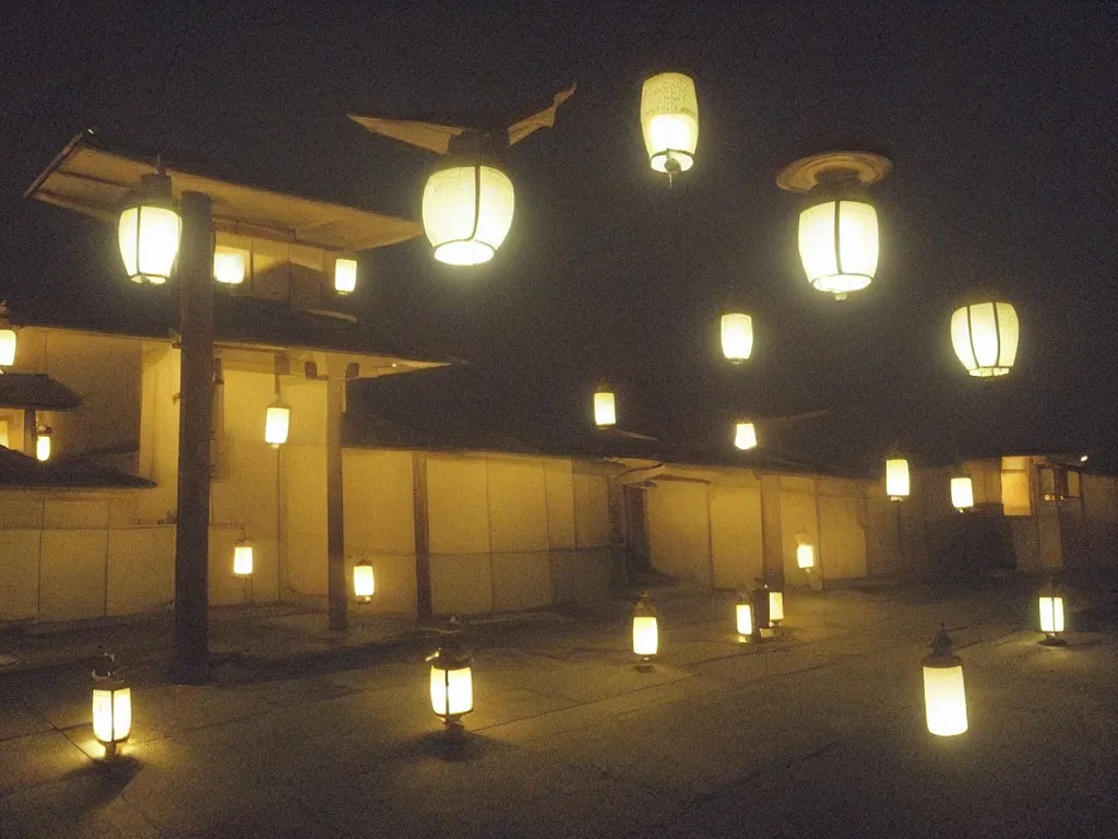 Prompt: “ japanese mosque at night. savannah. there are glowing lanterns. sun is setting ”