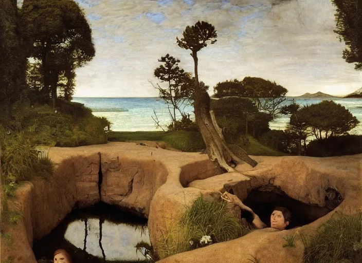 Prompt: looking into rocking hole in the ground. 2 0'down a tranquil pond and a sandy beach are visible. edgar maxence and caravaggio and michael whelan and delacroix style, artistic, intricate painting, cinematic lighting, hyper realistic, extremely detailed, vivid colors, establishing shot, dramatic lighting