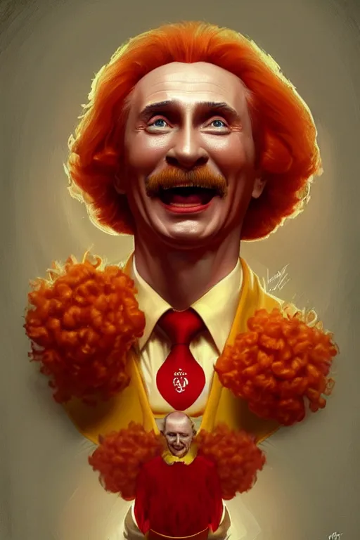 Prompt: vladimir putin as ronald mcdonald, 2 d portrait, symmetrical, highly detailed, digital painting, artstation, concept art, smooth, sharp focus, illustration, cinematic lighting, art by artgerm and greg rutkowski and alphonse mucha