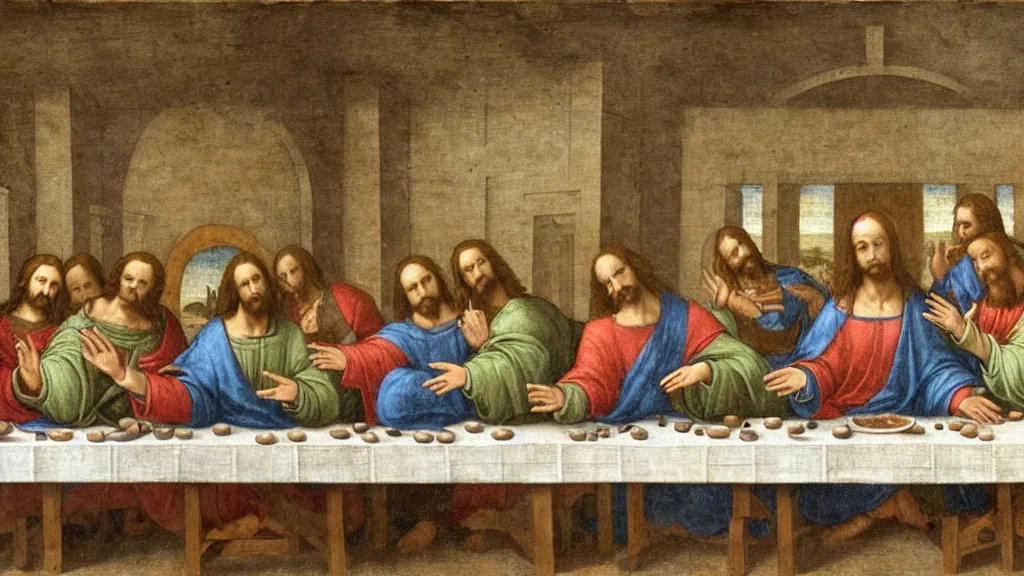 Image similar to the last supper by da vinci but jesus and his disciples are all dabbing