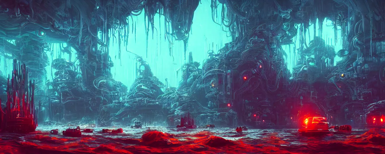 Image similar to ” dark underwater otherwordly terminal lit by bioluminescense, [ deepsea, cinematic, detailed, epic, widescreen, opening, establishing, mattepainting, photorealistic, realistic textures, octane render, art by slop and paul lehr ] ”