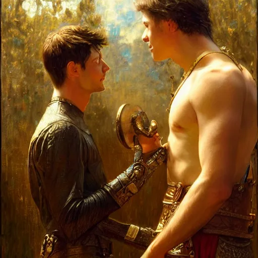 Image similar to attractive male arthur pendragon confesses his love to attractive male merlin. highly detailed painting by gaston bussiere, craig mullins, j. c. leyendecker 8 k