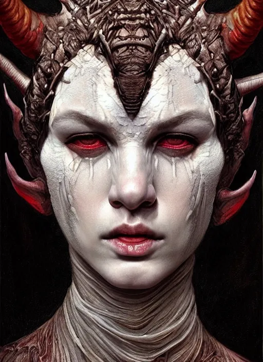 Image similar to half demon half human intricate skin pattern texture, elegant, peaceful, full body, white horns, hyper realistic, extremely detailed, dnd character art portrait, fantasy art, intricate fantasy painting, dramatic lighting, vivid colors, deviant art, artstation, by edgar maxence and caravaggio and michael whelan and delacroix.