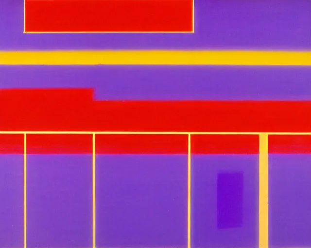 Prompt: purple japanese city in the distant future. rain on glass, neon signs, empty. a rothko painting. three horizontal rectangles. one is yellow, one is red, one is light orange. the red one is the thinnest and has several thin yellow lines running through it with a peak in the middle.