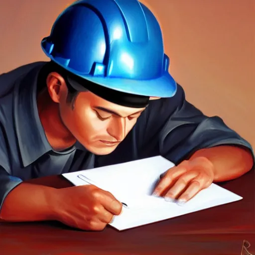 Prompt: a worker wearing a hardhat writing in a notepad with a calculator, by rhads, 3 d