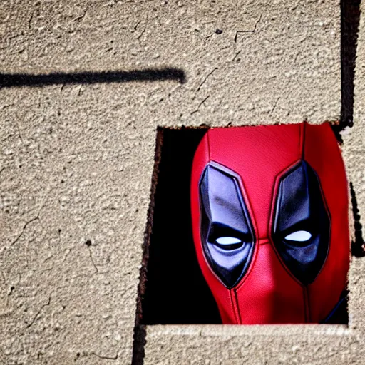 Image similar to deadpool sticking his head out of empty drained lake mead