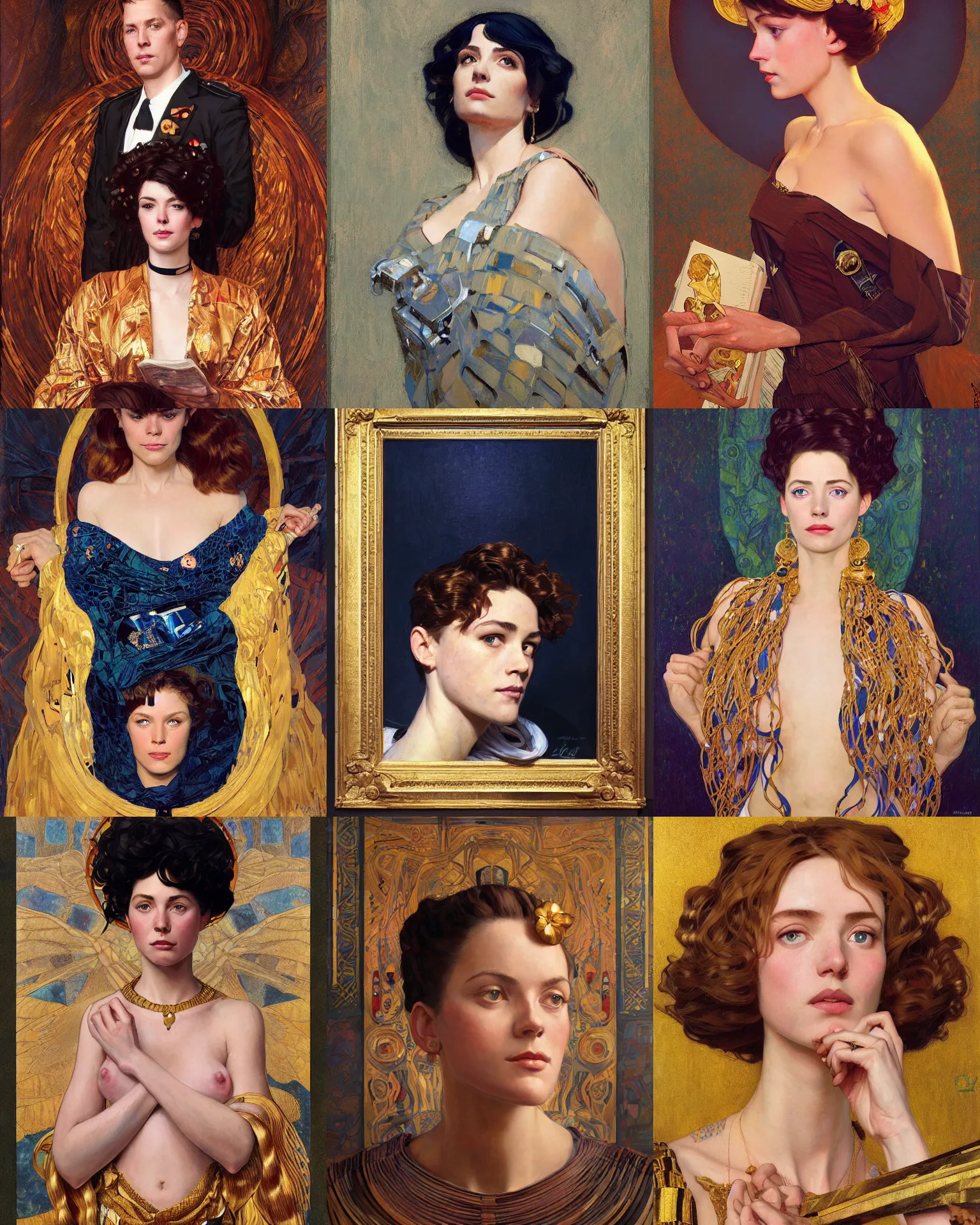 Prompt: sargent and leyendecker and greg hildebrandt gustav klimt highly profile portrait of a young therica wilson - read with long hairs, stephen bliss, unreal engine, fantasy art by greg rutkowski, loish, rhads, wooden background, makoto shinkai, ilya kuvshinov, rossdraws, alphonse mucha, radiant light, detailed and intricate environment