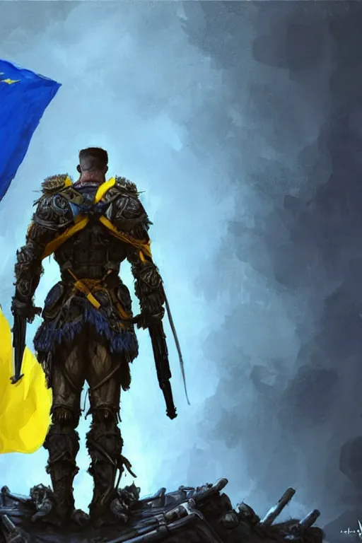 Prompt: a distant shot from behind of a Ukrainian super soldier with blue and yellow flag behind him standing alone on a huge pile of skulls as a winner, masculine muscular figure, D&D, fantasy, intricate, elegant, highly detailed, extremely detailed, digital painting, artstation, concept art, matte, smooth, hyper realistic, sharp focus, illustration, art by Artgerm and Greg Rutkowski and Alphonse Mucha