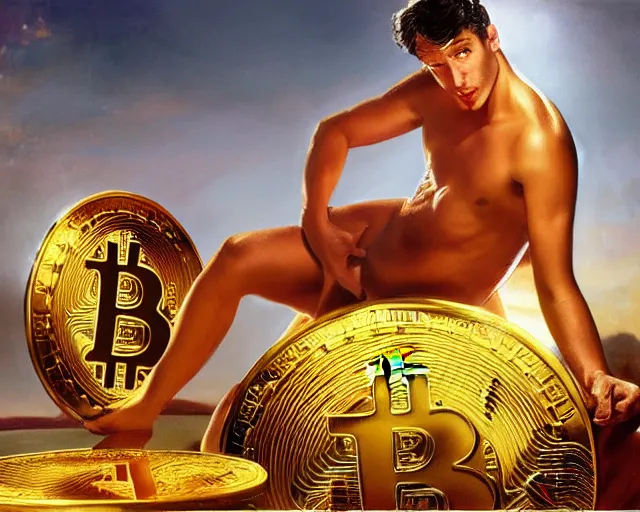 Prompt: attractive oiled up glossy man posing in front of a huge golden bitcoin, angelic light, commercial by annie liebovitz, gaston bussiere, craig mullins, j. c. leyendecker