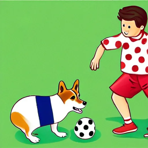 Image similar to illustration of french boy in paris playing football against a corgi who is wearing a polka dot scarf