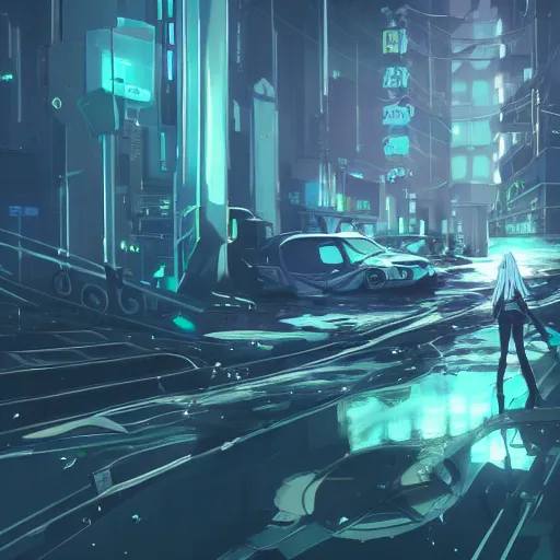 Image similar to white and teal colors. highly detailed post-cyberpunk highway in style of cytus and deemo, mysterious vibes, by Akihiko Yoshida, by Greg Tocchini, nier:automata, set in half-life 2, beautiful with eerie vibes, very inspirational, very stylish, surrealistic, perfect digital art, mystical journey in strange world, bastion game