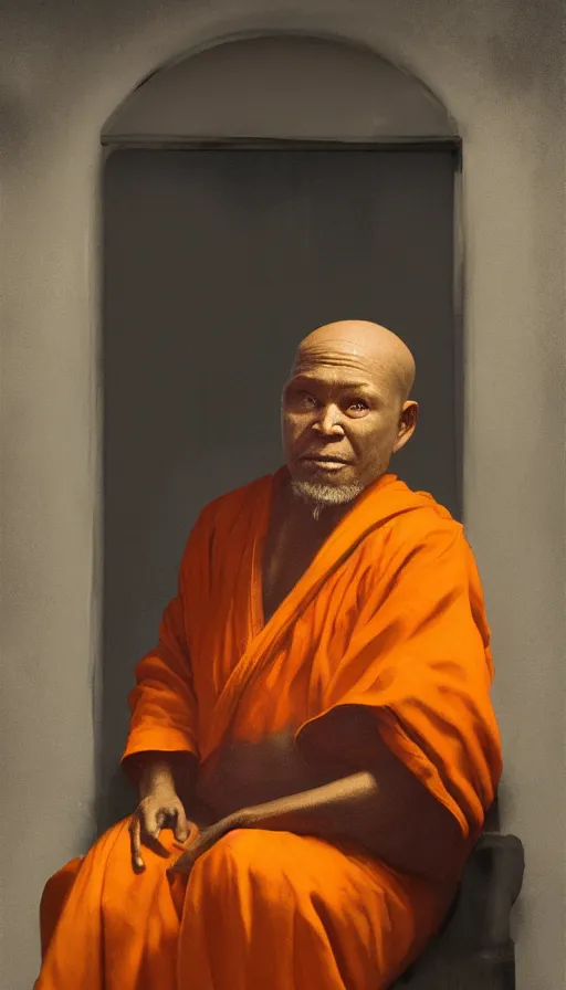 Image similar to portrait of an old monk sitting by a spaceship window, orange robe, dramatic lighting, artstation, matte painting, johannes vermeer