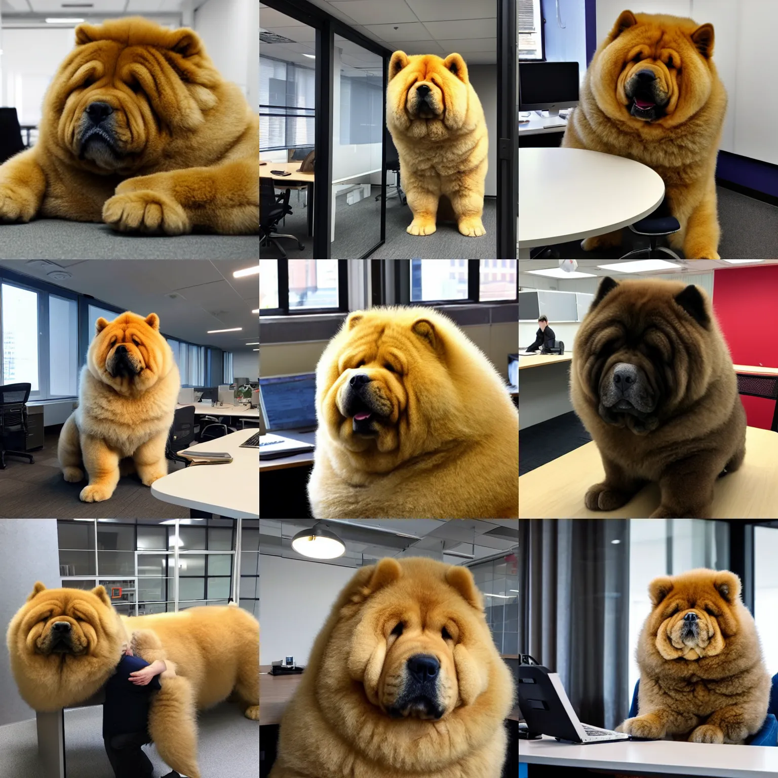 Prompt: a photo of a giant chow chow working at an office in helsinki