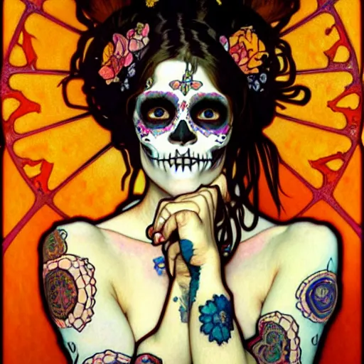 Prompt: realistic detailed painting of a cute punk Día de los Muertos girl by Alphonse Mucha Egon Schiele Ayami Kojima Amano Charlie Bowater, masterpiece