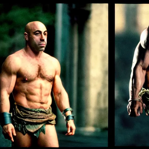 Prompt: photo of Joe Rogan as Achilles in the movie Troy cinestill, 800t, 35mm, full-HD