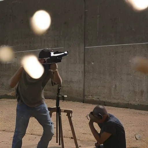 Image similar to a man shooting a machine gun in a shooting range, guns blazing, bullets flying, bullets hitting target, bullets ricocheting