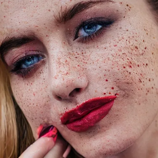 Image similar to close up portrait photo of the left side of the face of a brunette woman with stars inside her eyes, red lipstick and freckles. she looks directly at the camera. Slightly open mouth, face covers half of the frame, with a park visible in the background. 135mm nikon. Intricate. Very detailed 8k. Sharp. Cinematic post-processing. Award winning photography