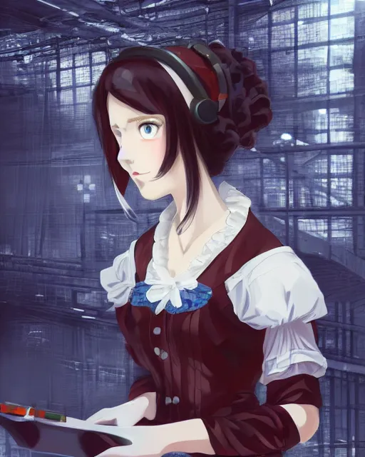 Image similar to Digital state-sponsored anime art of Ada Lovelace by A-1 studios, serious expression, empty warehouse background, highly detailed, spotlight