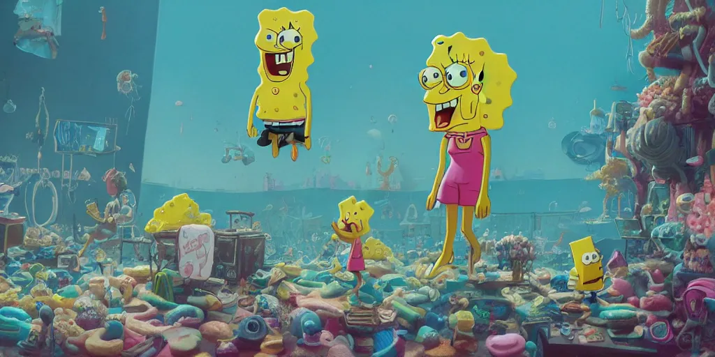 Image similar to spongebob in girls gone wild, contrast, kim jung gi, greg rutkowski, zabrocki, karlkka, jayison devadas, trending on artstation, 8 k, ultra wide angle, zenith view, pincushion lens effect