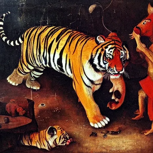 Prompt: in a dream world, a tiger tries to close an important deal, a pig tries to prevent the success of the deal, in the style of victor stabin, afro, cagli and hieronymus bosch, epic composition, insanely quality, only with red and crimson colors, masterpiece