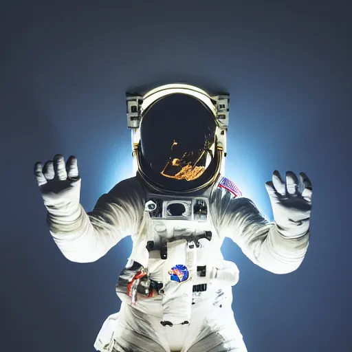 Prompt: astronaut silhouette with arms extended forward, bottom of arms lit by light coming from offcamera, light coming from below, dark background, lit from below, full body photo,, 8 k