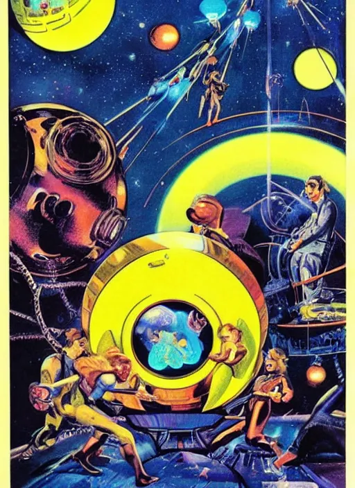 Image similar to Beautiful Super Monkey Ball lives inside a 'GameCube', retro science fiction cover by Jon Steranko and Kelly Freas (1965), vintage 1960 print, tarot card, vivid, highly detailed