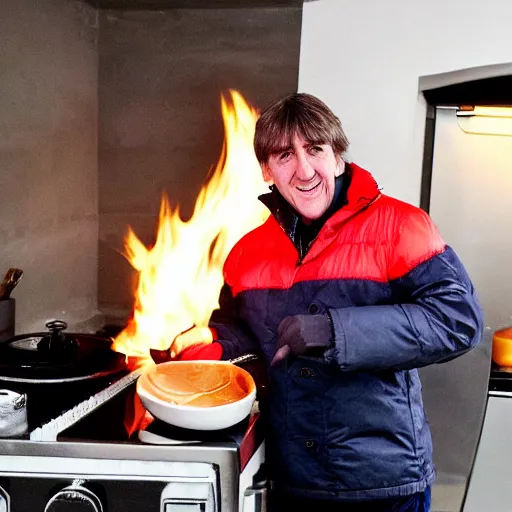 Image similar to photograph of peter beardsley in a puffa jacket cooking eggs