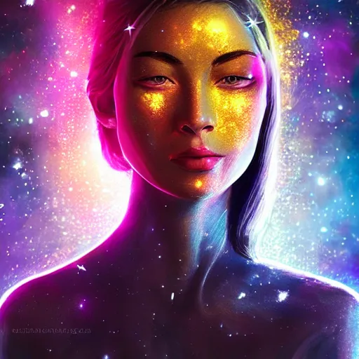 Image similar to woman portrait made out of galaxies floating in space, saturn, highly detailed, beautiful, realistic, comic book art, unreal engine, octane render, sharp focus