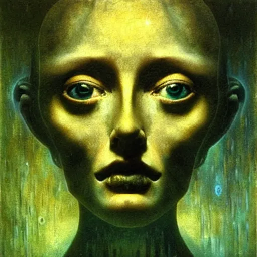 Image similar to The artificial intelligence recognizes its soul in the mirror - contest-winning artwork by Salvador Dali, Beksiński, Van Gogh, Giger, and Monet. Stunning lighting