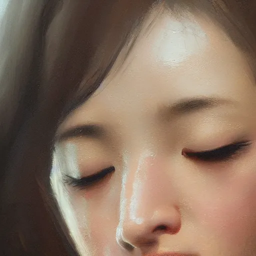 Prompt: perfect, realistic oil painting of close-up japanese girl face, by Greg Rutkowski, by an American professional senior artist, Hollywood concept, dynamic composition and motion, postproduction.