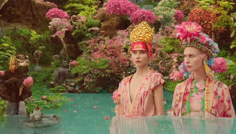 Prompt: , movie still by wes anderson of a beautiful girl wearing gucci exploring a magical japanese garden of flowers, glowing temple in the distance, floating magical deity heads with gucci headdresses, miniature cities, cinestill 8 0 0 t eastmancolor technicolor, high quality, very detailed, heavy grain, fine facial features, 8 k, octane render